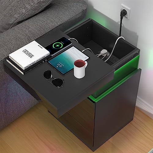 PIPIPOXER Nachttisch mit Steckdose & USB, Nachttisch mit LED Nachtkommode mit 3 Schubladenund Versteckte Schiebeschränke Nachtschrank für Wohnzimmer, Schlafzimmer, 45x40x67cm Schwarz