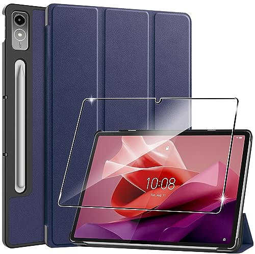 Cover per Lenovo Tab P12 custodie+1 Pezzi Vetro Temperato,Gomma Protezione Protettivo,Ultra Sottile Antiurto Anti-Graffio TPU Flessibile Case-Blue