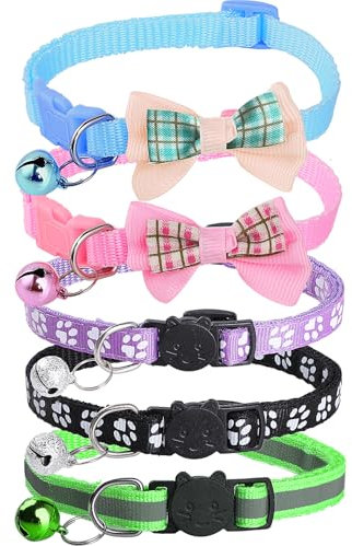 Bigqin 5 Stück Katzenhalsband, Reflektierende Katzen Halsbänder mit Sicherheitsverschluss und Glöckchen, verstellbares Halsband Katze von 19 bis 32cm