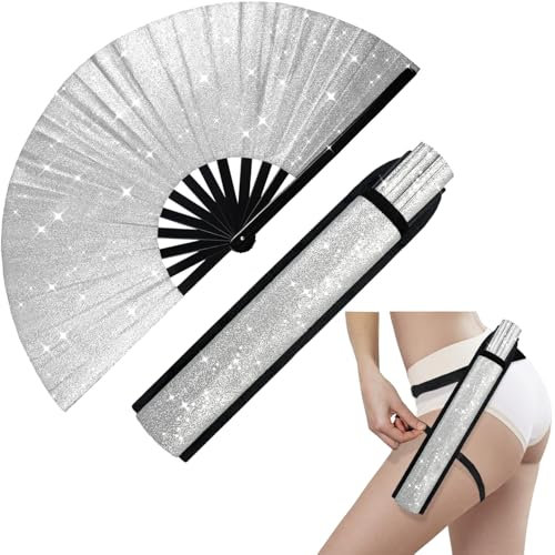 prario Glitter Large Rave Folding Clack Hand Fan with Holster for Men Women Handheld Fan for Festivals,Halloween,Rainbow Outfits,Disco Party,EDM,Burlesque,Drag Queen for Rave Accessories