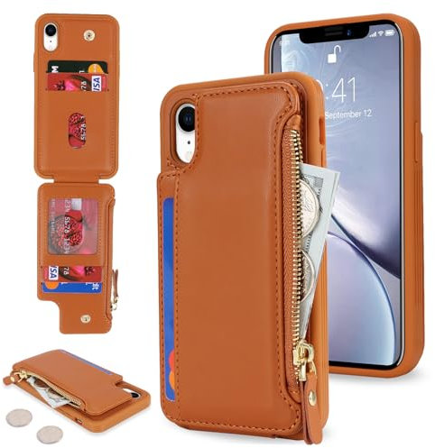 SailorTech for iPhone XR Phone Case with Credit Card Holder for Men, iPhone XR Case with Credit Card Slots Wallet Zipper Case for Women - Brown