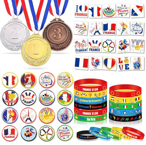 DPKOW 54 pièces Kit Supporter France 2024 Accessoires Jeux de 2024, été Jeux de 2024 Goodies - 3 pièces medailles(Or, Argent et cuivre) + 20 Tatouages + 16 Broches et pins + 15 Bracelets