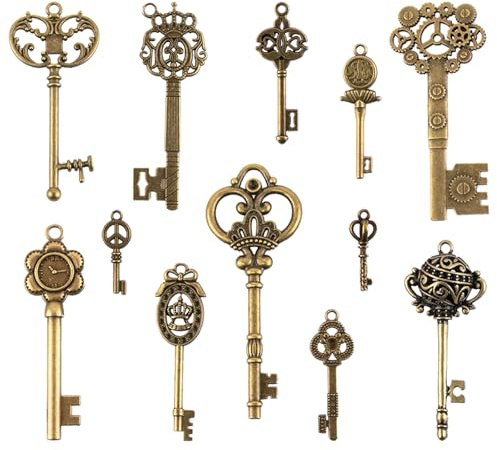 ZLKSKER 12pcs Vintage Skeleton Keys Set, verschiedene Stil filigrane Steampunk Schlüssel, antike Bronze Schlüssel Charms Anhänger