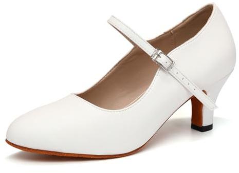 JUODVMP White Character Dance Shoes for Women Ankle Strap Stage Heels Modern Tango Latin Dancing Shoes 2 inches Heel,6.5 UK