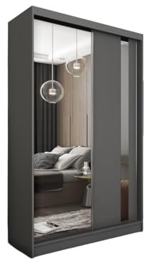 Margaret Hadas24 Kleiderschrank Gabo mit Spiegel, Organizer, Mehrzweckschrank, Schwebetürenschrank, Garderobenschrank, Kleiderstange, Kleiderständer, Flurschrank, Garderobe, Schrank, Graphit, 120 cm