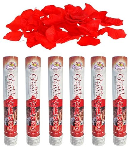 Tradineur - Pack de 6 cañones de confeti de aire comprimido, popper, cracker de confetti, cumpleaños, bodas, fiestas, celebraciones (Pétalos de rosa - 30 cm)