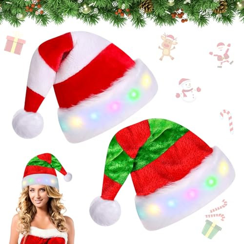 2 Stück Weihnachtsmütze, LED Plüsche Weihnachtsmann Mütze, Plüsch Nikolausmütze mit Doppeltem Samt, Nikolausmütze Rot, Weihnachtszubehör für Weihnachts Weihnachtsfeiern Geschenk Weihnachtsfeier