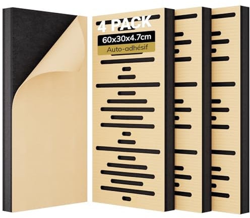 TONOR 4-Pack Acoustic Wood Wall Panels, 23.6” * 11.8” * 1.9” 3D Self-adhesive Wall Panel, Three-layer Soundproof Tiles for Echo Absorbtion, Acoustical Barrier of Polyester Fiber, wood, Burly Wood
