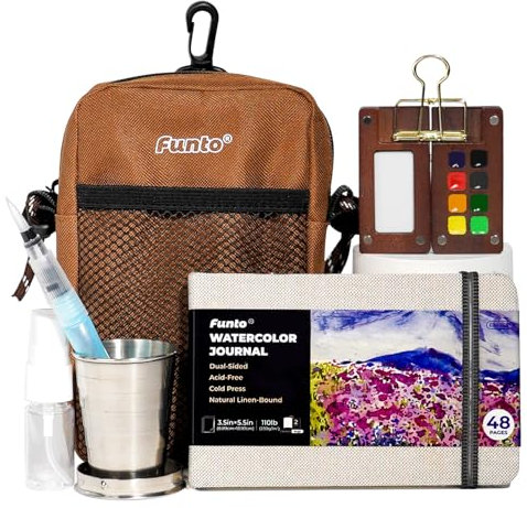 Funto Mini Kit de peinture à l'aquarelle, tout-en-un en bois de noyer 8 couleurs premium, kit de voyage de poche, avec sac à bandoulière, carnet à l'aquarelle, pince en métal, tasse à eau de peinture