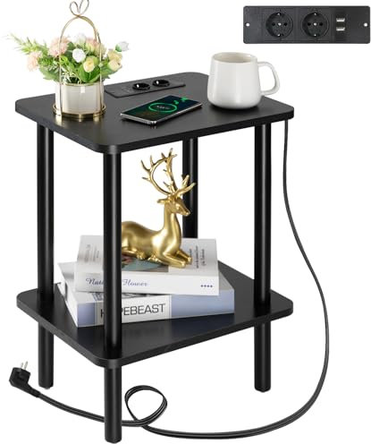 FORAOFUR Beistelltisch Holz, Beistelltisch klein mit Ladestation, Nachttisch klein, 2 Ebenen Telefontisch für Wohnzimmer, Schlafzimmer, Büro, H42xT32xB54cm, einfache Montage, schwarz, weiß