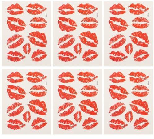 Healeved 6pcs Red Lip Temporary Tattoo Stickers Fake Kiss Pattern Water-proof Self-adhesive Body Decorations Tanning Stickers Lip Kiss Ornament
