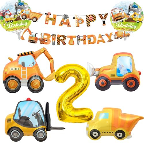 KOBOKO Bagger Geburtstag Deko 2 Jahre, Luftballon Bagger Deko Kindergeburtstag 2, Ballons Baustelle Geburtstagdeko 2 Jahre Junge, Baustelle Luftballon 2. Geburtstag Junge mit Happy Birthday Banner