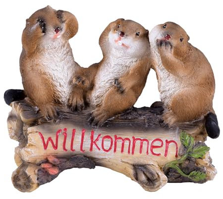 Harms Gartenfigur Biber Willkommen Außendeko Gartendeko Polyresin Tierfigur, Mehrfarbig, LxBxH 10,5 x 21,5 x 29 cm