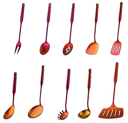 Buyer Star Lot de 10 ustensiles de cuisine en acier inoxydable 18/8 de qualité supérieure, cuillères, spatule, louche et accessoires plaqués titane orange rouge