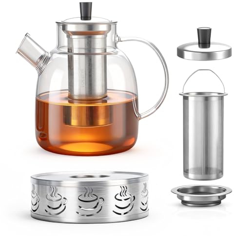 Tutamaz Teekanne Glas mit Stövchen, 1,8 L Teekanne mit Stövchen Set, teekanne mit Siebeinsatz, Teekann Glas mit Teelicht Wärmer und Edelstahl Teewärmer für Schwarzen, Grüner Tee, Fruchttee, Losen Tee
