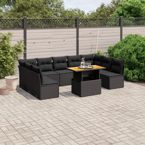 QJBSAVVA Schwarze 10-TLG. Gartenlounge aus Poly-Rattan 100×55×73 cm höhenverstellbarer Gartentisch Esszimmer draußen Modulsofa für Terrasse Balkon und kleinen Garten