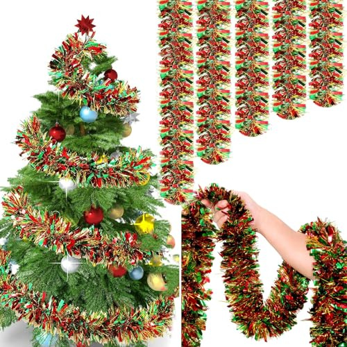 GYTFOG 5pcs Christmas Tinsel Garland, 2M X 9CM Red Green Gold Xmas Shiny Decoration, Metal Thick Tinsel for Decorating Christmas Tree Wardrobes, Doors, Ceilings, Railings and Wreath Making