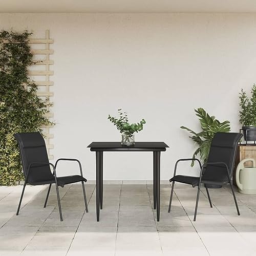 Ziaphsol 3-TLG. Garten-Essgruppe Schwarz, Stahl und Textilene, Outdoor Patio Möbel Set mit 2 Stühlen, Gartentisch aus Glas, für Balkon, Terrasse, Garten