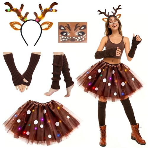 GEVECORI Reh Kostüm Damen mit LED Tüllrock, Rentier Haarreif, Beinwärmer und Armstulpen, Karneval Damenkostüm für Fasching, Halloween, Mottoparty und Weihnachtsfeier