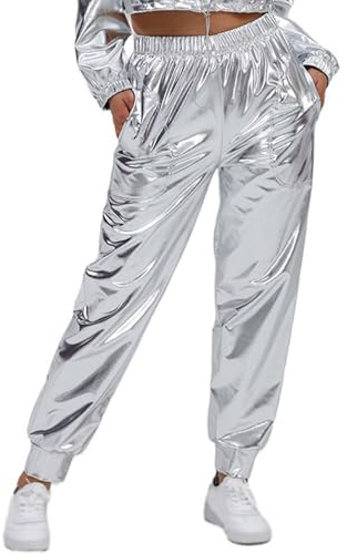 Metallic Glänzed Hose Damen Glitzer Partyhose Silber Hose Hip Hop Jogginghose Silberne Haremshose Holographische Farbe Streetwear 70er 80er Jahre Outfit Tanzhosen Party Disco Club Karneval Kostüm