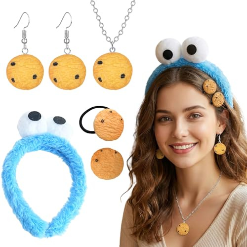 RAOPNHS 5 Stück Krümelmonster Kostüm Damen Set, Haarreif mit Augen, Cookie Halskette Ohrringe Haargummi & Spange, Krümelmonster Accessoires für Fasching Karneval, Blau Cookie Monster Kostüm