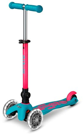 Micro Scooters | Mini Micro Deluxe-LED-Kinderroller | Lenker verstellbar & faltbar | extra griffiges Deck | Leuchtrollen | faltbar | 2-5 Jahre | Jungen & Mädchen | Blau/Orange