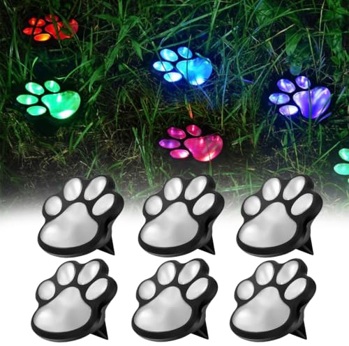 6 Stück Solar Bodenleuchten Aussen mit Katzen Hunde Pfoten, LED Paw Solarleuchten Garten, Wasserfest Solarlampen für Außen Garten, Solar Pfotenleuchten für Terrasse Balkon Gartendeko (Mehrfarbig)