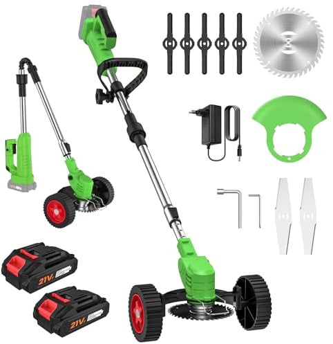 Desbrozadora Bateria 21V, Desbrozadora Electrica con 2 Baterías y 3 Cuchillas, Ruedas Desmontables, Altura Ajustable, Cortacésped de Batería Plegable para Recortar Césped y Arbustos