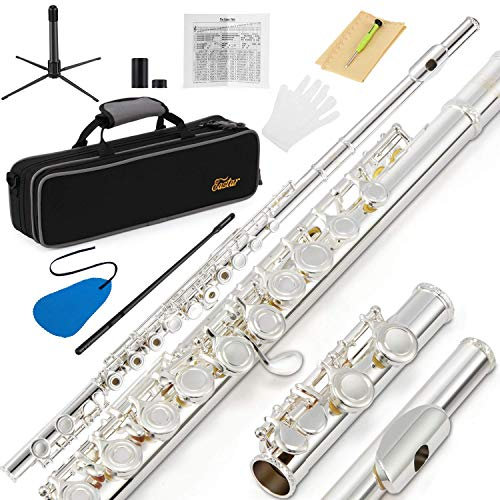 Eastar Flûtes C à trou ouvert 16 touches pour débutants, enfants, étudiants, instrument de flûte avec tableau des doigtés, argent, EFL-2