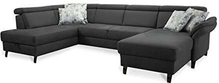Cavadore Wohnlandschaft Ammerland mit Federkern, U-Form mit Ottomane links und Longchair rechts, inkl. Kopfteilverstellung, 317 x 84 x 193, lederoptik dunkelgrau