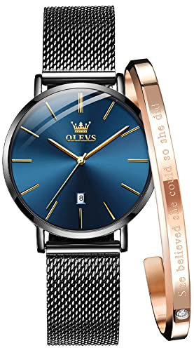 OLEVS Ladies Watch Black Stainless Steel Mesh Strap Ultra Thin Blue Face Waterproof Japanese Quartz Dress Date Women Wrist Watch