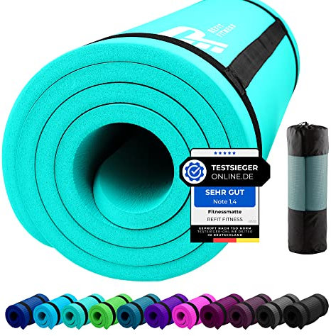 REFIT FITNESS Sportmatte Comfort-Max 190 x 60 x 1.5 cm Türkis PainProtect SmartCell NBR Yogamatte rutschfest Tragegurt Gymnastikmatte Matte für Sport Yoga Gymnastik Pilates