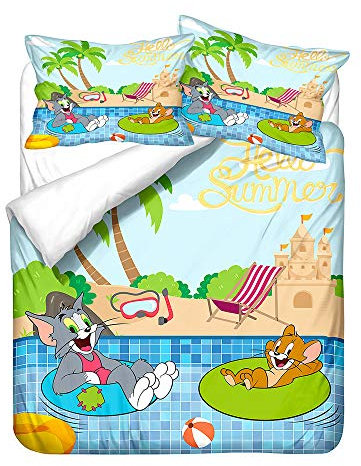 NICHIYO Tom and Jerry Bettwäsche-Set – Bettbezug und Kissenbezug, Mikrofaser, 3D-Digitaldruck, dreiteilige Bettwäsche (9, Einzelbett 135 x 200 cm)