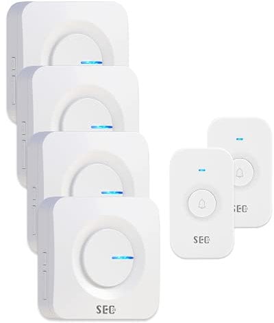 Funkklingel,SEC24 Türklingel Funk Set,Funk Türklingel Kit,2 Wasserdichter Klingeltaste für die Haustürklingel,52 Melodien, 5 Lautstärkestufen, 2 Plug-In-Gong, 2 batteriebetriebener Gong.Weiß