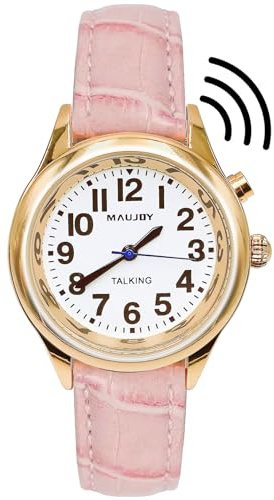 MAUJOY Montre Parlante pour Femmes(Boîtier plaqué Or & Bracelet en Cuir Rose) Accent Français Clair et Fort, Indique Heure, Date et Alarme, Idéale pour Les Séniors