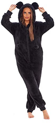 Keanu KL759-B-12-14 - Ladies Snuggle Fleece Onesie with Novelty Hood and Pom Poms - Black - Size 12-14