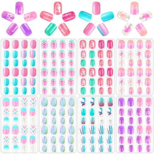 JANYUN 192Pcs Fake Press on Nails for Kids Pre-glue Full Cover Short False Nail Tips Stick on Nails for Kids Children Lovely Gift Girls Nail Art Decoration