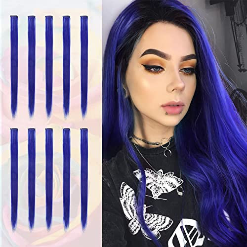 Sofeiyan Farbige Haarverlängerung Party Highlights 56 cm Bunte Glatte Haarverlängerungen 10 Pcs Lange Haarteile Mehrfarbig Clip in Haarschmuck für Frauen Party Kostümen, Blau