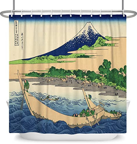 SDOTPMT 122x183cm Ukiyo-e Montieren Fuji Landschaft Duschvorhang Japanisch Ozean Wellen Holz Boot Hütte Badevorhang Orient Ethnisch Animes Badewannenvorhang für Badezimmer Polyester mit Haken