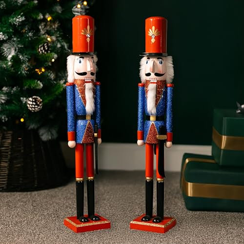Marco Paul Pair of 70cm Blue Nutcracker Soldier Statue Hand-painted Christmas Decor - 2x Nutcracker Ornaments For Christmas Decorations Indoor Xmas Decorations Large Wooden Nutcracker Toy