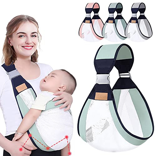 HINATAA Breathable Baby Sling, Adjustable Baby Carrier, Baby Carrier Wrap, Quick Dry, Thick Shoulder Straps for 0-36 Months Baby (Green b)
