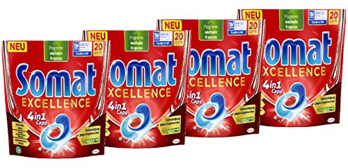 Somat Excellence 4 en 1 tapas (4 x 20 tapas), pastillas para lavavajillas de liberación rápida, tapas Somat para una excelente limpieza y brillo incluso en el programa Eco y a bajas temperaturas