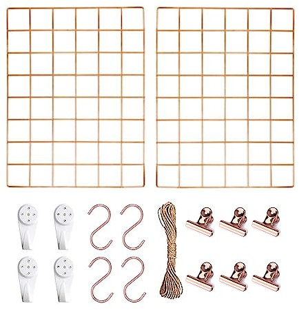 Wandgitter Roségold(40x30cm), Stabiles Metall Gitter Pinnwand, Fotogitter Einfachen Organisation von Werkzeugen, Zubehör und Fotos,2er-Pack