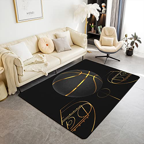Kinder Basketball Weich Teppich 150x200cm Wetterfest Sport Basketball Arena Modern Teppich für Mädchen Golden Schwarz Ball Spiele WohnzimmerTeppich für Küche und Balkon Luxus Modern Bodenmatte