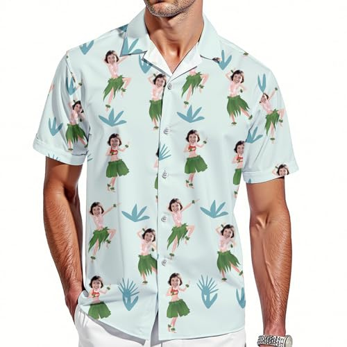 VEELU Personalisiert Hawaii Hemd Männer mit Gesicht und Name Funky Hawaiihemd Herren Kurzarm Vordertasche Urlaub Sommer Flamingos Blume Bedruckter Strand Beilaufig Hawaii Hemdt