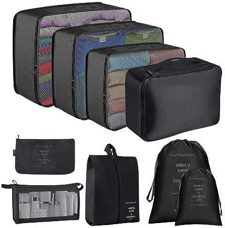 Packing Cubes for Suitcase,Lychico 9pcs Travel Luggage Packing Organizers Waterproof Travel Essentials Bag Clothes Shoes Storage Bags, Black