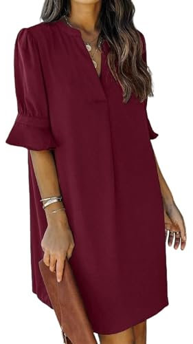 JOCAFIYE Damen V-Ausschnitt Rüsche Kurzarm Solide Farbe Einfaches Sommer Neues Kleid Rotwein XL