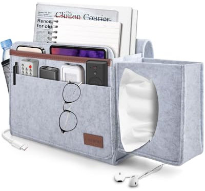 ERKOON Betttasche Bett Organizer EinhäNgen, Betttasche Zum EinhäNgen Dickerem Filz Rutschfeste Mit Schnalle Baby Kinder Fernbedienungshalter Sofa Bedside Hanging Storage Organizer(Hellgrau)