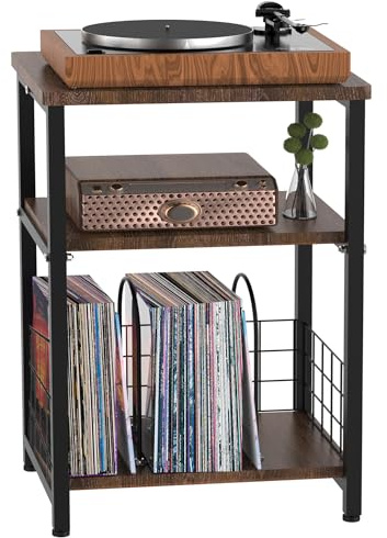 Tuohours Mesa auxiliar de 3 niveles, soporte para tocadiscos con almacenamiento
