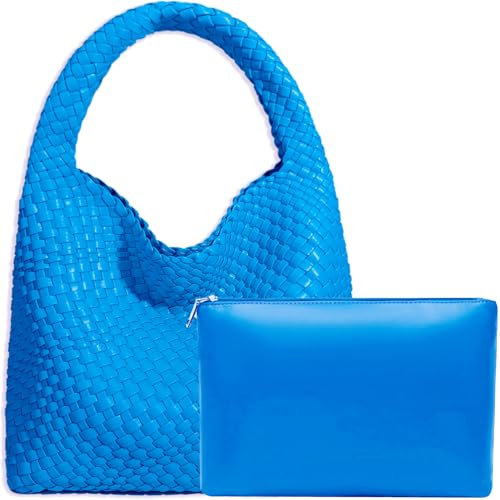 JINMANXUE Damen-Handtasche aus veganem Leder, handgewebt, modische Schultertasche, Tragegriff oben, passend zu Unterarmtasche mit Geldbörse, Blau (Azure Blue), Large